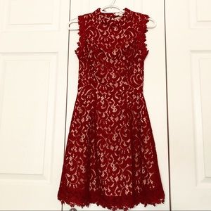 Francesca’s BurgundyRed Dress with Lace and Embroidery and High Neck Collar